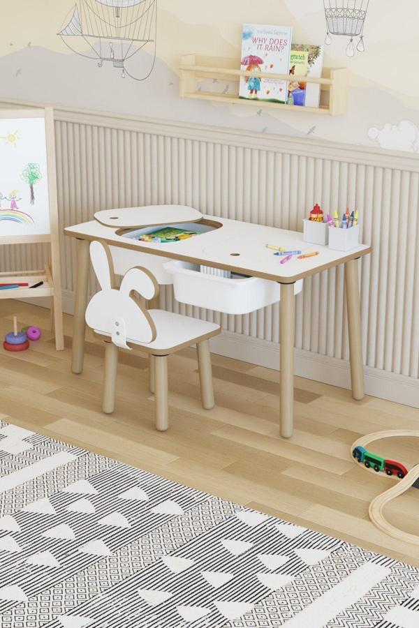 Pofitto Montessori Çocuk Masası-Oyun Masası-Aktivite Masası-Etkinlik Masası Takımı 1 Tavşan Sandalye - Image 1