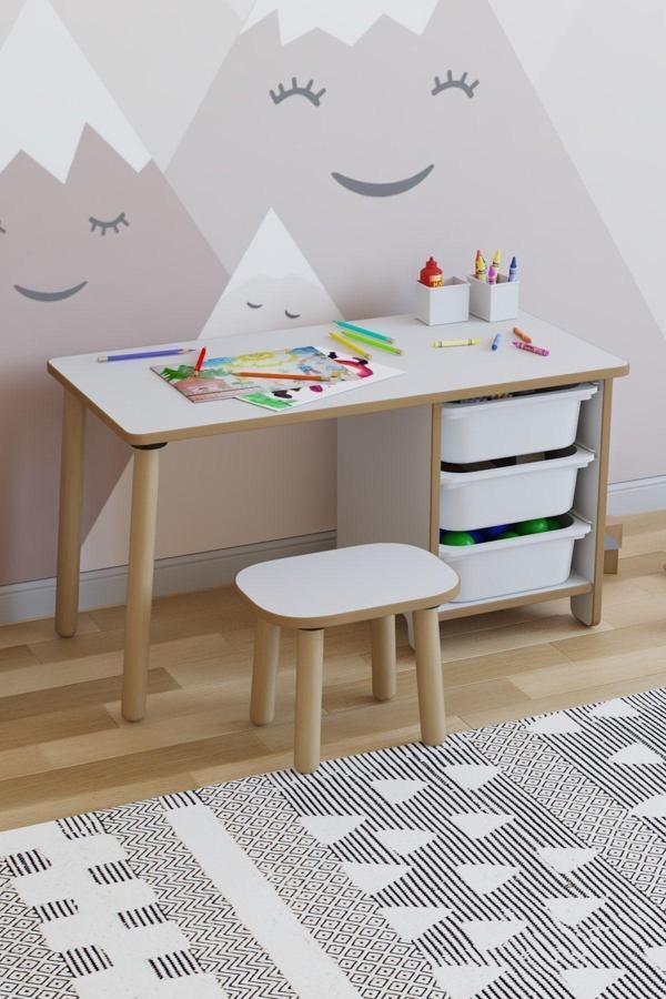 Pofitto Çocuk Masa Takımı 90X45 Cm 3 Sepetli Çocuk Çalışma Masası Aktivite Masası Yaz-Sil 1 Adet Tabureli - Image 1