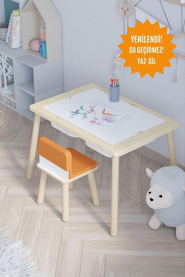 Pofitto Ağaç Ahşap Çocuk Masası-Yaz Sil Yüzey Çocuk Masası-Aktivite-Çocuk Masası Minderli - Image 1