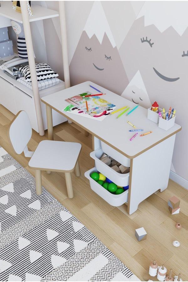 Pofitto Çocuk Masa Sandalye Takımı 90X45 Cm 3 Sepetli Çocuk Çalışma Masası Aktivite Masası Yaz-Sil - Image 1