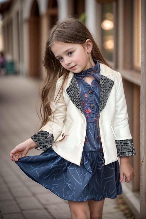 Kız Çocuk Yakası ve Bilekleri Pulpayet İşlemeli Çift Düğmeli Beyaz Blazer Ceket - Image 1