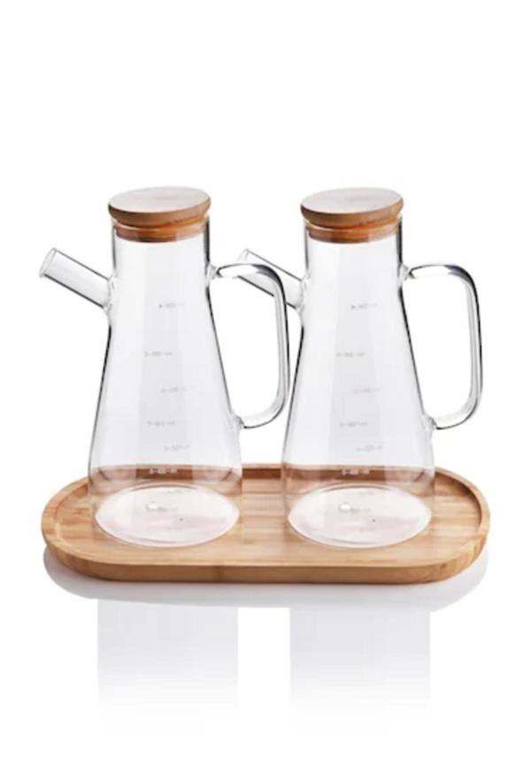 2x900 ML Standlı Cam Yağlık Seti Sütlük Sosluk Vakumlu Bambu Kapaklı Borosilikat - Image 1