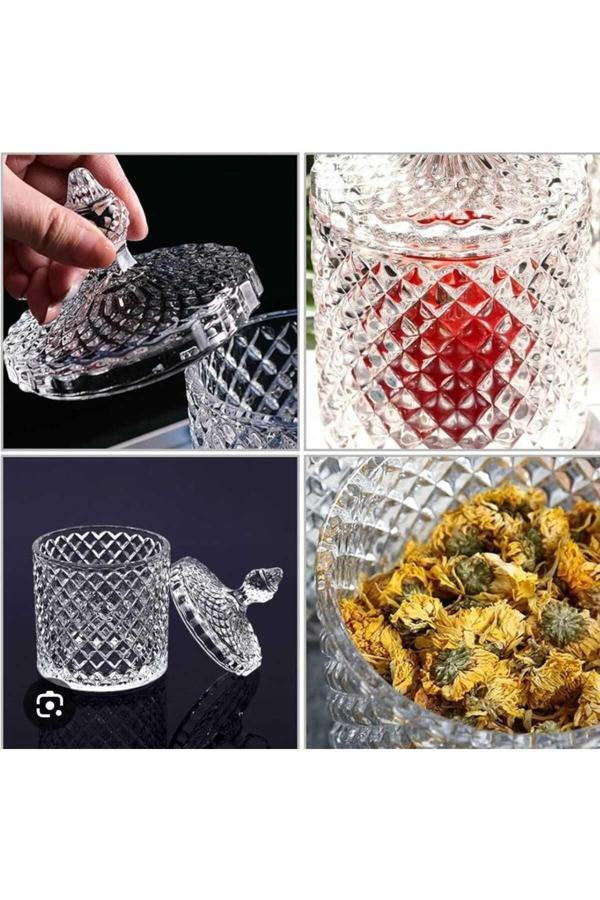 Çeçen Home Kesme Kapaklı Büyük Boy Baklava Desenli Cam Şekerlik, Mumluk - Image 1