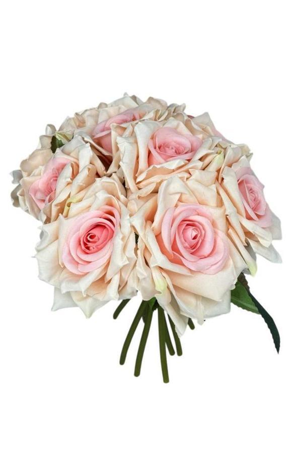 Yapay Çiçek Pembe Gül 10lu Demet Gelin Çiçeği Buketi Masa Üstü Vazo Çiçeği 25cm - Image 1