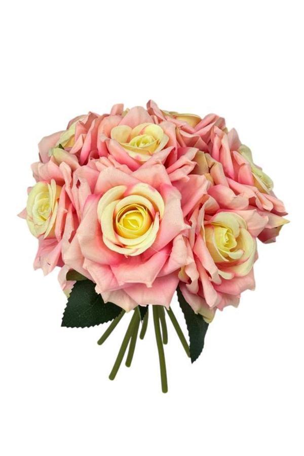 Yapay Çiçek Pembe Koyu Gül 10lu Demet Gelin Çiçeği Buketi Masa Üstü Vazo Çiçeği 25cm - Image 1