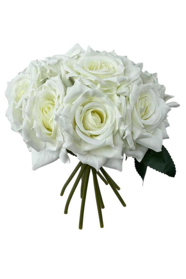 Yapay Çiçek Beyaz Gül 10lu Demet Gelin Çiçeği Buketi Masa Üstü Vazo Çiçeği 25cm - Image 1