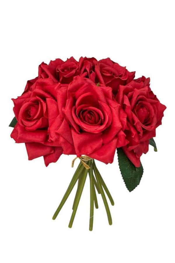 Yapay Çiçek Kırmızı Gül 10lu Demet Gelin Çiçeği Buketi Masa Üstü Vazo Çiçeği 25cm - Image 1