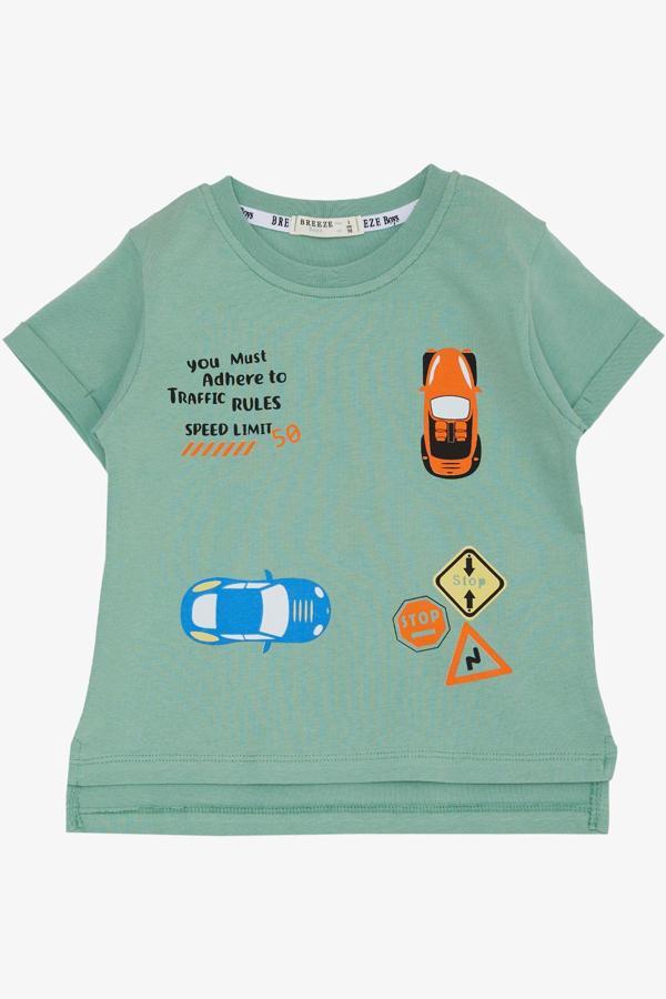 Breeze Erkek Çocuk Tişört Slogan Temalı Araba Baskılı 2-6 Yaş, Mint Yeşili - Image 1