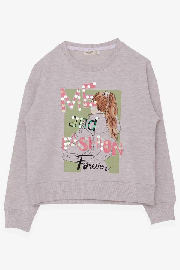 Breeze Kız Çocuk Sweatshirt Pullu Kız Baskılı 8-14 Yaş, Bej Melanj - Image 1