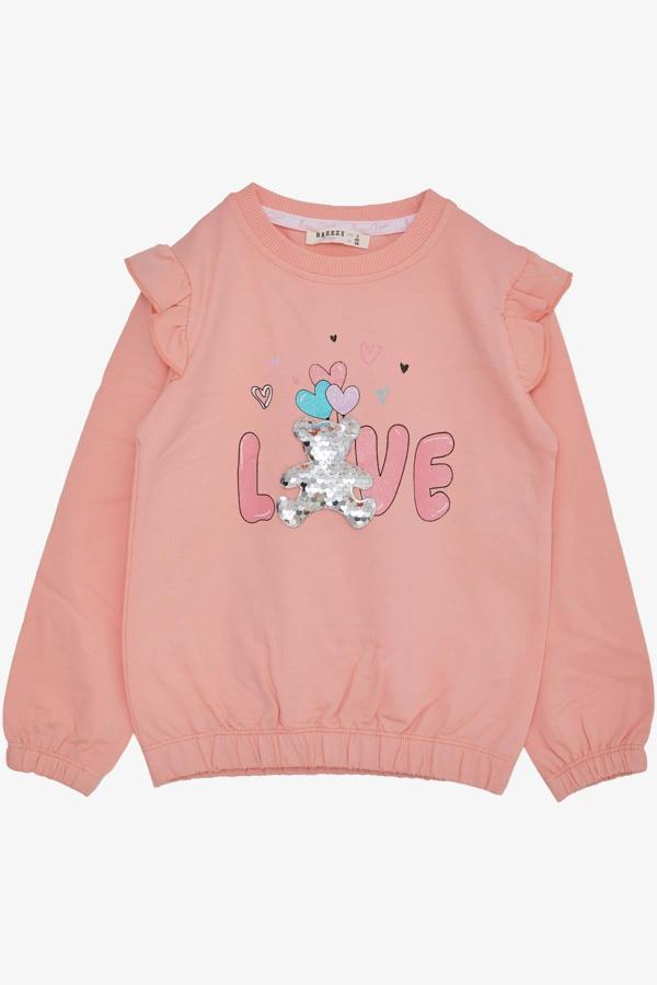 Breeze Kız Çocuk Sweatshirt Pullu Ayıcık Aksesuarlı Simli Yazı Baskılı 1.5-5 Yaş, Somon - Image 1