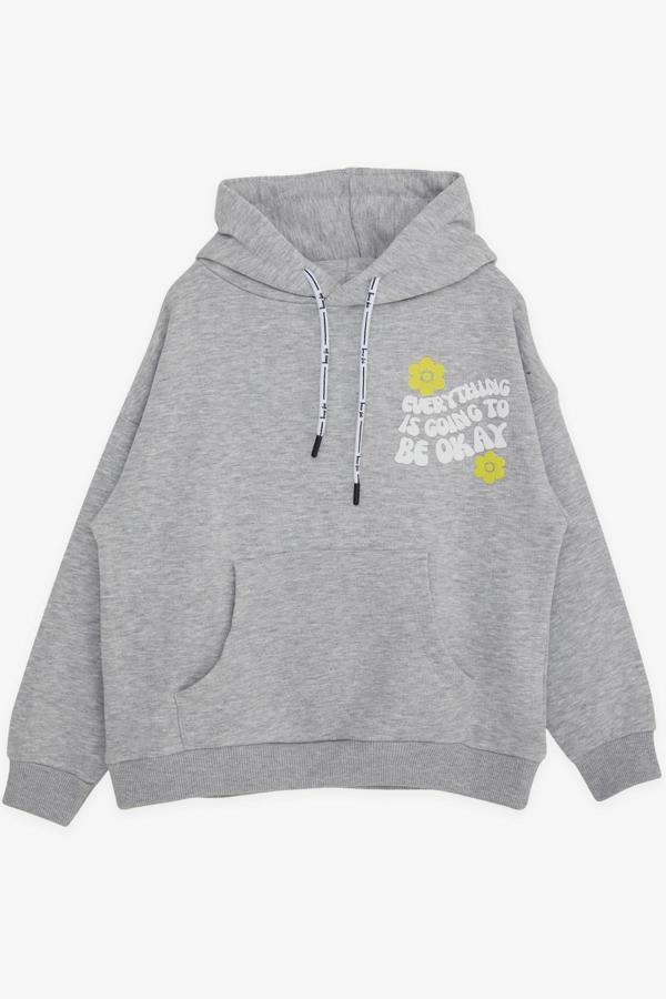 Breeze Kız Çocuk Sweatshirt Kapüşonlu Yazı Baskılı 8-14 Yaş, Gri Melanj - Image 1