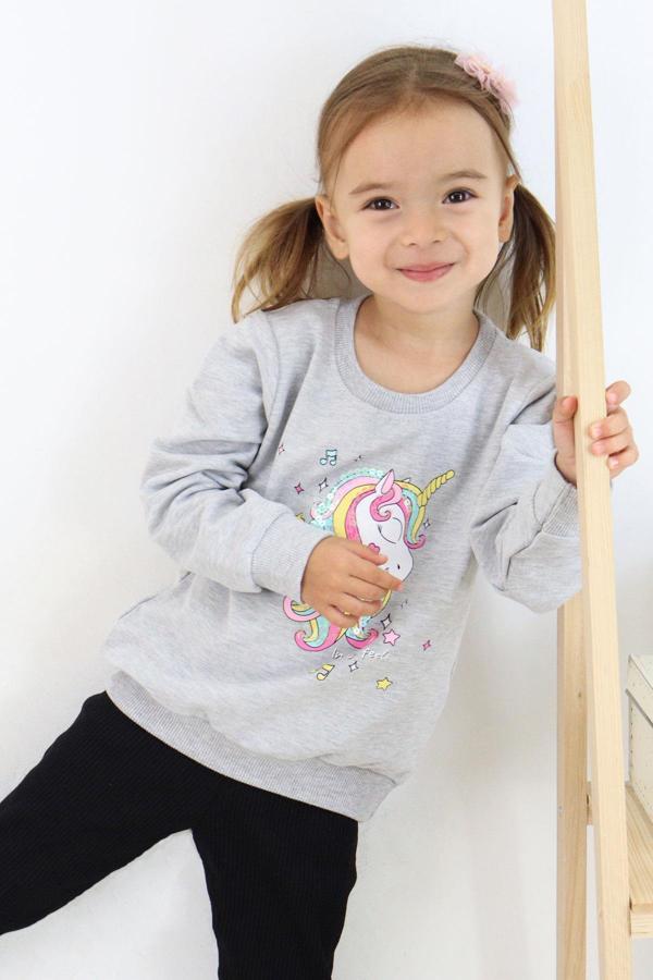Breeze Kız Çocuk Sweatshirt Baskılı Pullu Unicorn 2-6 Yaş, Gri Melanj - Image 1