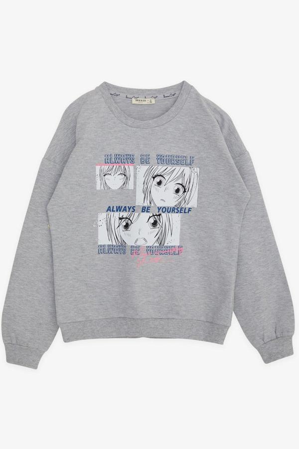 Breeze Kız Çocuk Sweatshirt Şaşkın Kız Baskılı 9-14 Yaş, Gri Melanj - Image 1