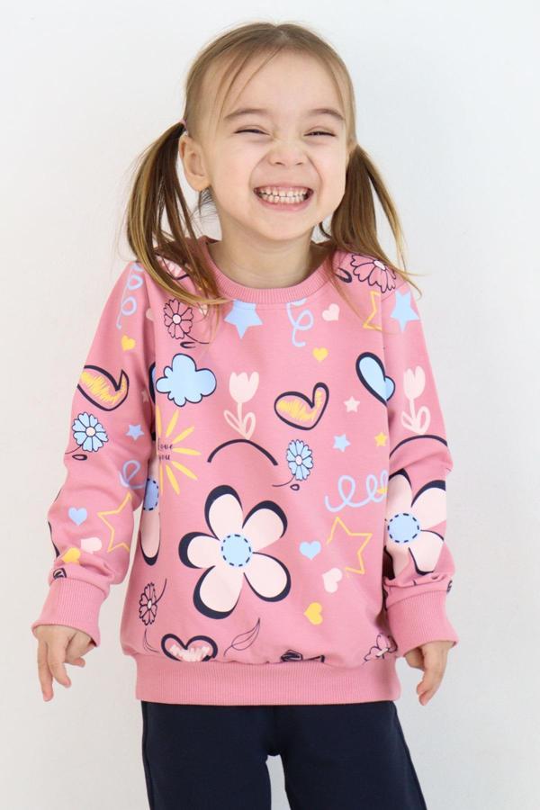 Breeze Kız Çocuk Sweatshirt Bahar Temalı Çicek Desenli 2-6 Yaş, Gülkurusu - Image 1