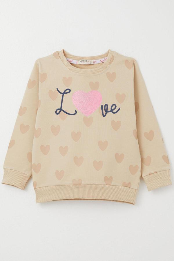 Breeze Kız Çocuk Sweatshirt Sevgi Temalı Kalp Desenli 3-8 Yaş, Bej - Image 1