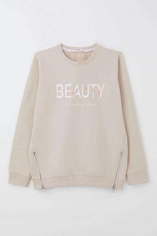 Breeze Kız Çocuk Sweatshirt Yazı Baskılı Kenarları Fermuar Detaylı 9-14 Yaş, Bej - Image 1