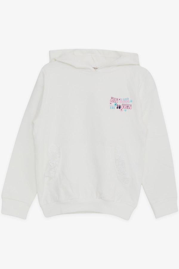 Breeze Kız Çocuk Sweatshirt Kanguru Cepli Yazı Baskılı Güpürlü 3-8 Yaş, Ekru - Image 1