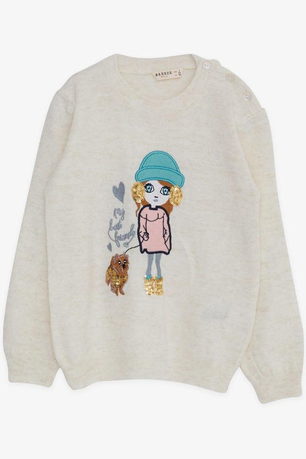 Breeze Kız Çocuk Triko Kazak Pullu Nakışlı Kız Baskılı 1.5-5 Yaş, Ekru - Image 1