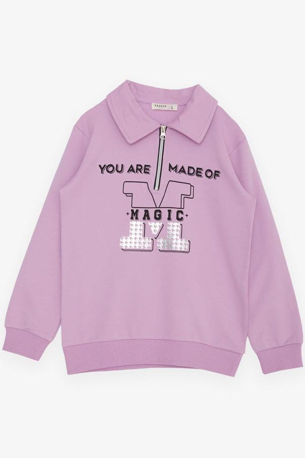 Breeze Kız Çocuk Sweatshirt Magıc Yazı Baskılı Yarım Fermuarlı Polo Yaka 8-14 Yaş, Lila - Image 1