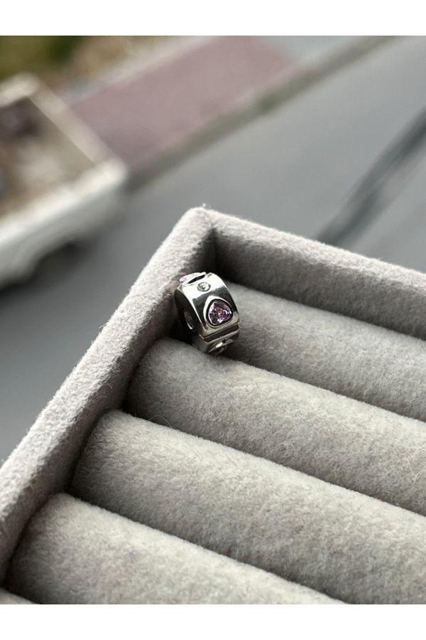 Asafaccessory Kalp Taşlı Klips Charm Stopper ( Gümüş Kaplama) Gri Battal Standart - Image 1
