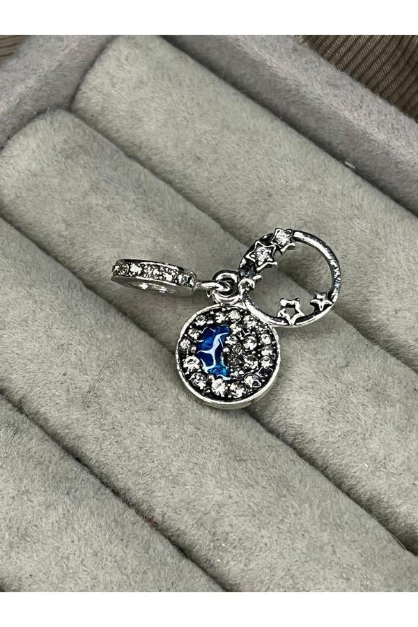 Asafaccessory Taşlı Sallantılı Hilal Ve Yıldızlar Charm Gümüş Kaplamadır Gri Battal Standart - Image 1