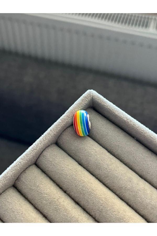 Asafaccessory Çizgili Renkli Murano Charm Gümüş Kaplama gri S - Image 1