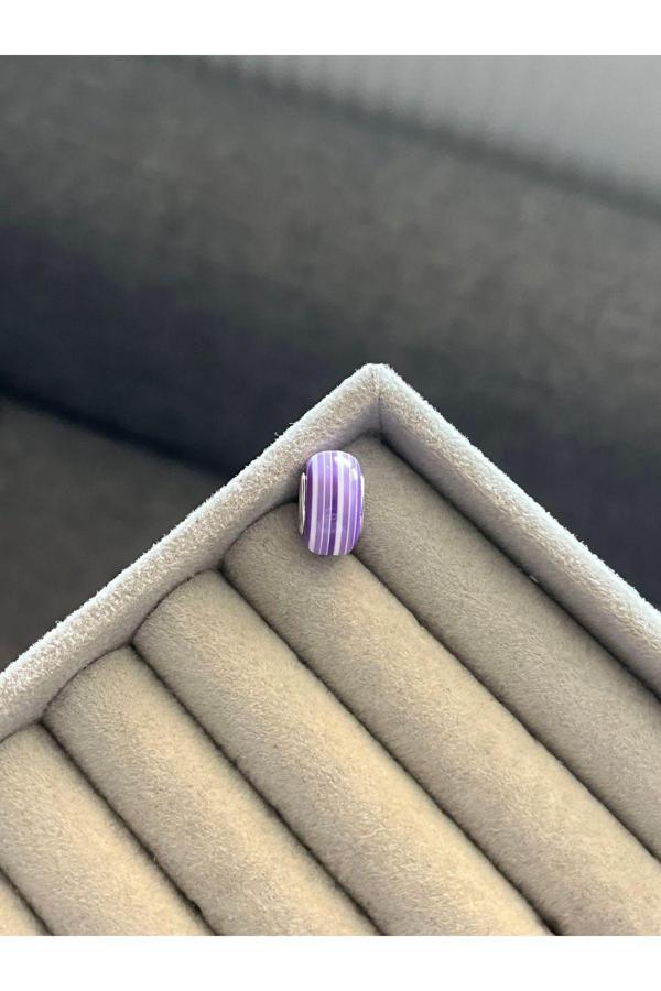 Asafaccessory Çizgili Renkli Murano Charm Gümüş Kaplama gri S - Image 1