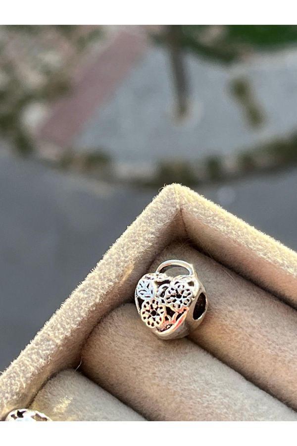 Asafaccessory Çiçekli Kalp Kilit Boncuk Charm Gümüş Kaplama Gri #1 - Image 1