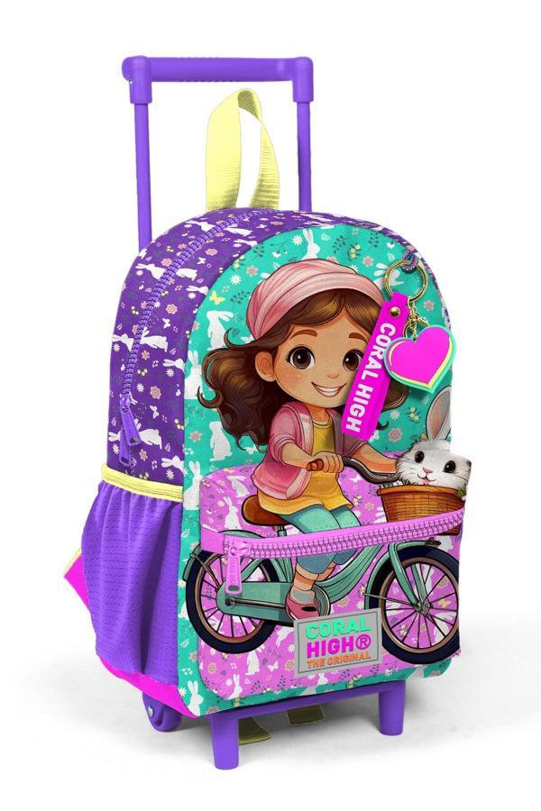 Minik Yuva Çekçekli Sırt Çantası Mor Pembe Bisikletli Kız Desenli İki Bölmeli 24069 - Image 1