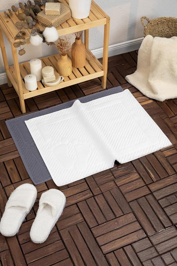 Leoline %100 Pamuk Premium 2'li Ayak Havlusu - Beyaz - Antrasit - Image 1