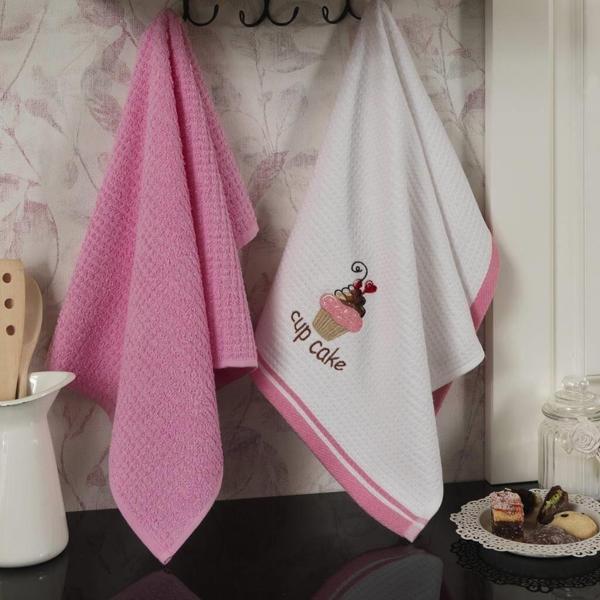 Maxstyle Pamuk Mutfak Havlusu Cup Cake 2'Li Beyaz-Pembe 40x60cm - Image 1