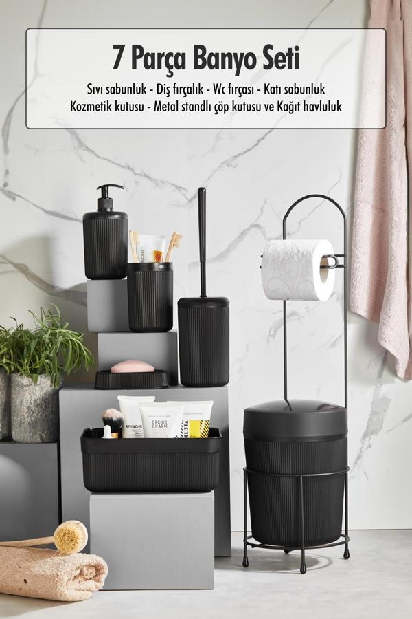 7 Parça Siyah Banyo Seti Metal Stantlı Kovalı Wc Kağıtlık Kozmetik Kutusu Diş Fırçalık Ve Sabunlukla - Image 1