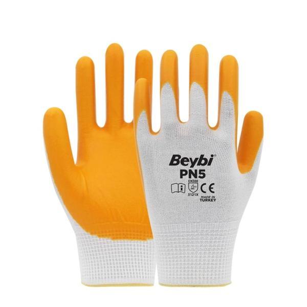 Beybi Pn5 Polyester Örme Nitril Iş Eldiveni 12 Çift Beyaz – Sarı - Image 1