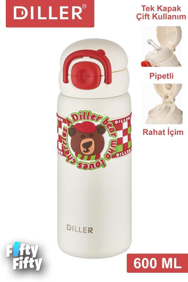 DILLER 600 ML Tek Kapak Çift Kullanım Pipetli/Pipetsiz Taşıma Kulplu Vacum Cup/Çelik Termos -FFDILLERD9238 - Image 1