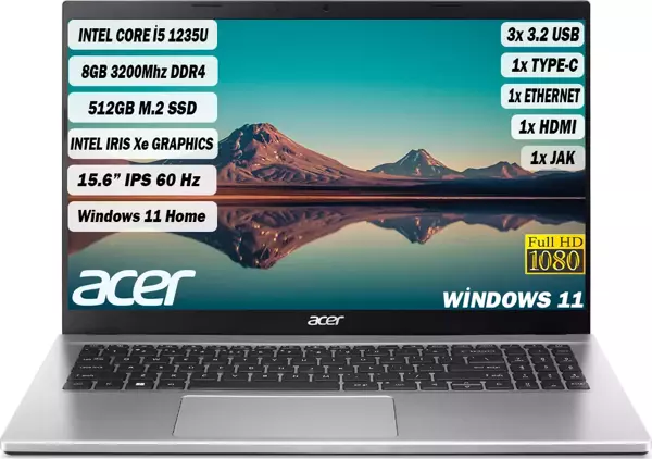 ACER Aspire 3 I5-1235U 16 GB 512 GB SSD 15,6" FHD IPS W11 Gümüş NX.K6TEY.002+165 - Image 1