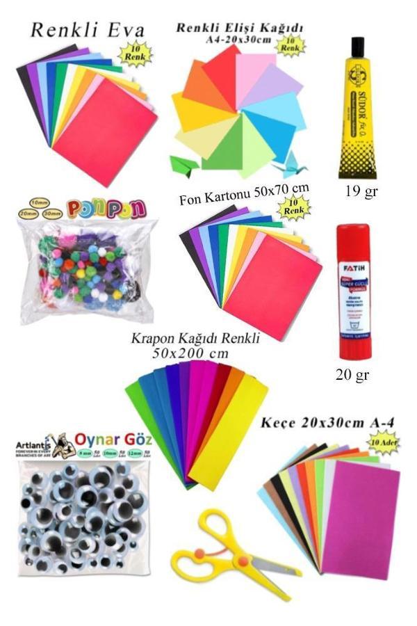 Anaokulu Etkinlik Seti 10 lu 1 Paket Okul Öncesi Gelişim Seti Keçe Oynar Göz Krapon Ponpon Elişi Kağıdı Fon Kartonu Eva - Image 1