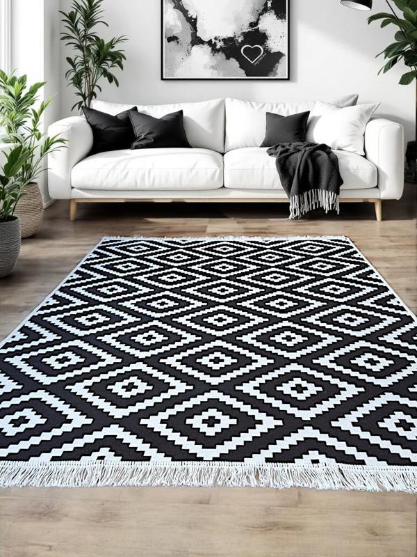 Kilim Çift Taraflı Kullanılabilir Makinede Yıkanabilir Siyah Beyaz Dokuma Kilim ,Yolluk , Paspas SWLRUG001 - Image 1