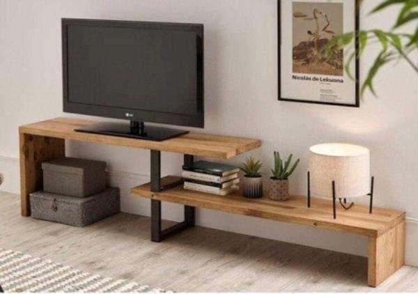 KUZELA  Metal Ayaklı Masif Ahşap Iki Katlı Tv Ünitesi. - Image 1