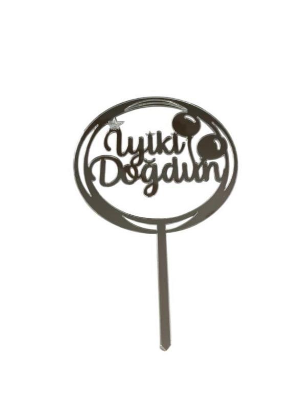 Balonlu İyiki Doğdun Yazılı Aynalı Pleksi Gümüş - Image 1