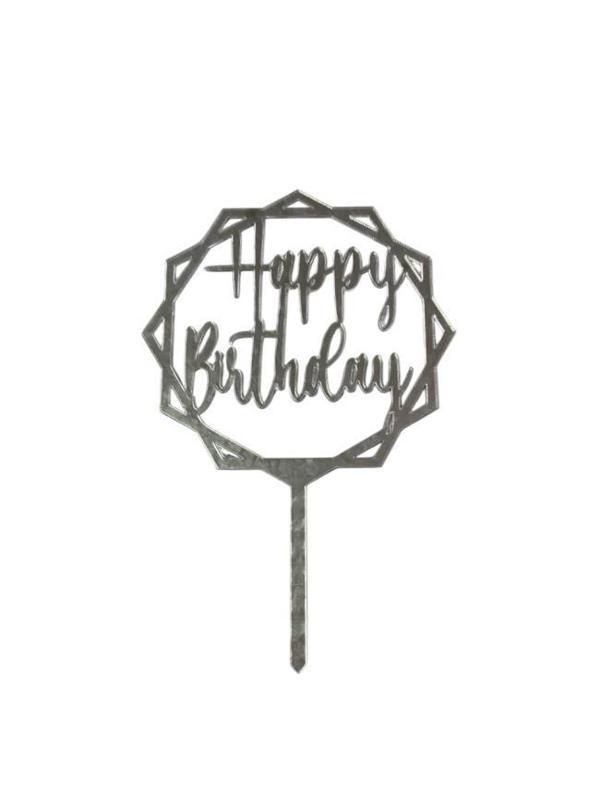 Happy Birthday Yazılı Çerçeveli Aynalı Pleksi Gümüş - Image 1