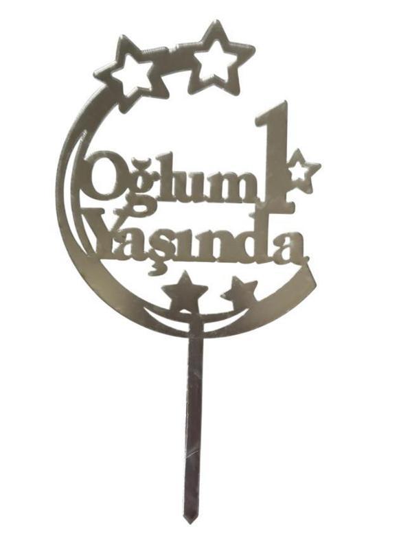 Oğlum 1 Yaşında Yazılı Aynalı Pleksi Gümüş - Image 1
