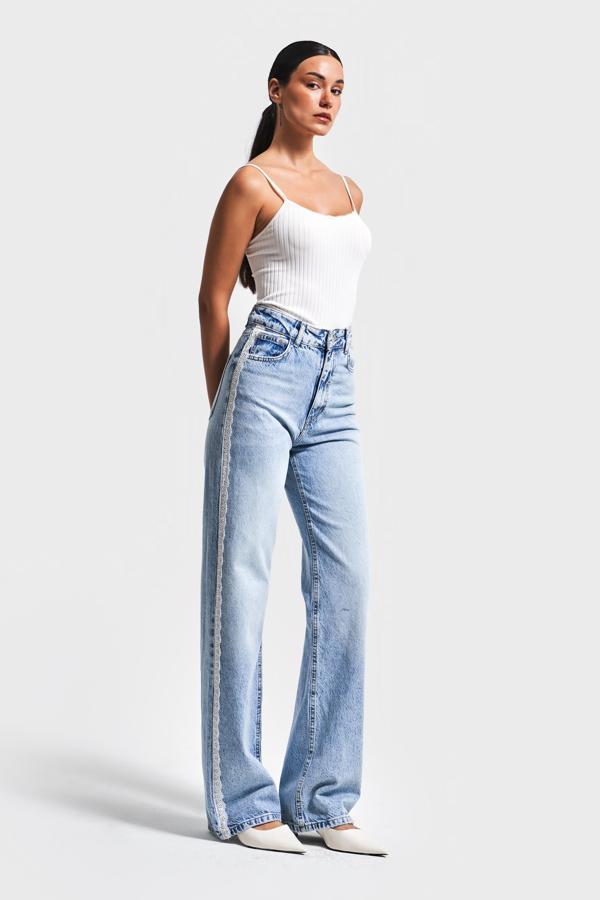 Kadın Ice Renk D1-4S5-3 Straight Fit Yüksek Bel Dantel Şeritli Tasarım %100 Koton Denim Jean - Image 1