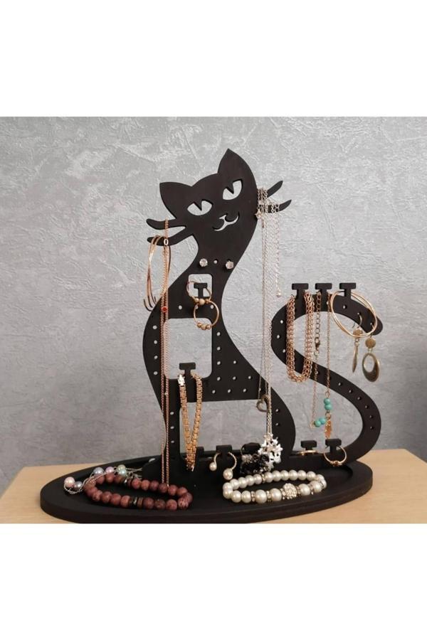Takı Standı Kedi Figürlü Takı Küpe Standı Ahşap Takı Kutusu - Image 1