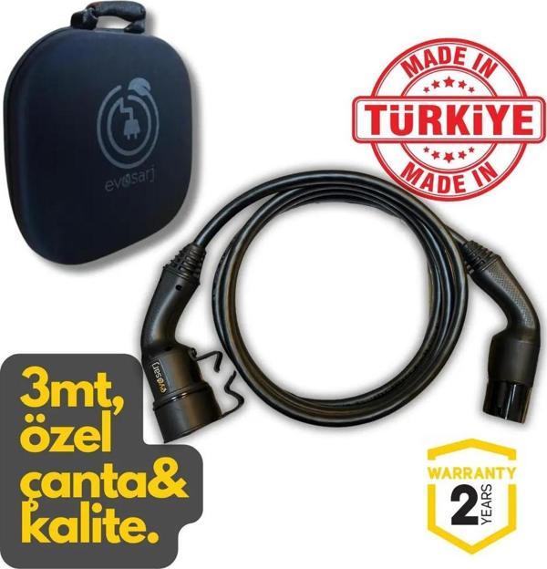 Evoşarj Elektrikli Araç Ara Şarj Kablosu 32A, 22Kw, 3Mt, Tip2, Özel Çantalı - Image 1