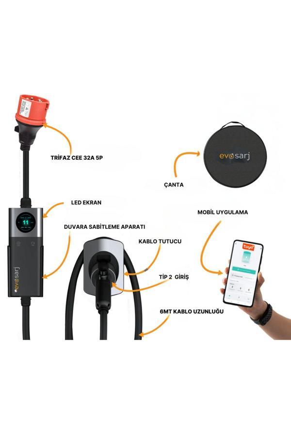 Evoşarj Evomobil Taşınabilir Elektrikli Otomobil Şarj Cihazı 22Kw,32A,Trifaz-Monofaz, Wifi, Akıllı Mobil - Image 1