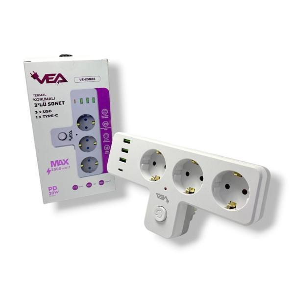 VEA VE-23088 3 Soketli 3xUsb+Type-C Çocuk ve Termal Korumalı Anahtarlı Priz - Image 1