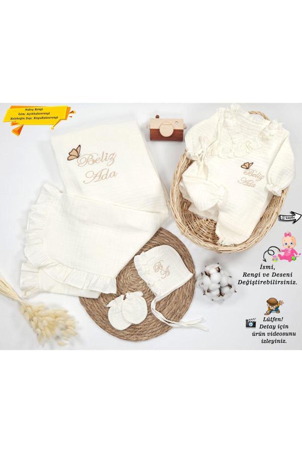 %100 Pamuk Organik 4Katlı Müslin Kumaş Bağcıklı Hastane Çıkış Seti(Kişiye Özgü İsimli Nakış Desenli) - Image 1