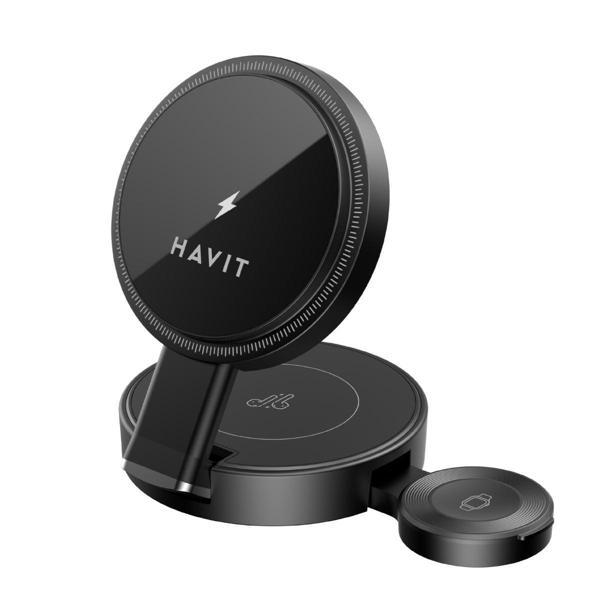 Havit W3100 Katlanabilir 3'ü 1 Arada Kablosuz Şarj Cihazı 15W - Siyah - Image 1