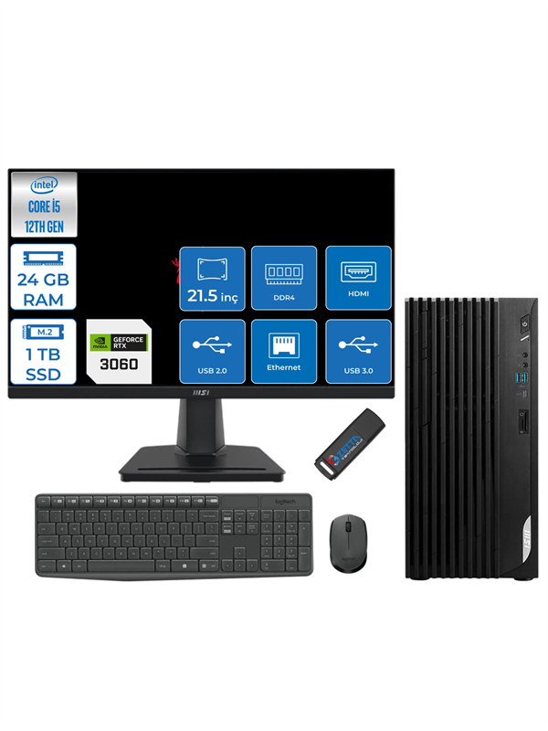 Msı Pro DP180 Intel Core I5 12400 24GB 1tb SSD 12GB/RTX3060 21.5" Monitör Windows 11 Home Masaüstü Bilgisayar MON36GT21422XTRH05 + Zettausbbellek - Image 1