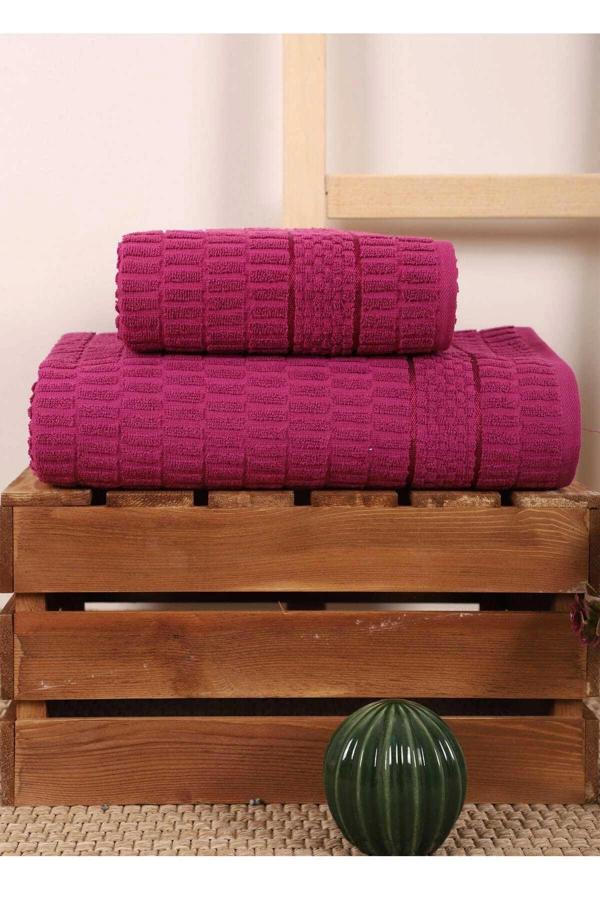 2 Parça Banyo Havlu Takımı %100 Pamuklu Çubuk Desen Vişne - Image 1